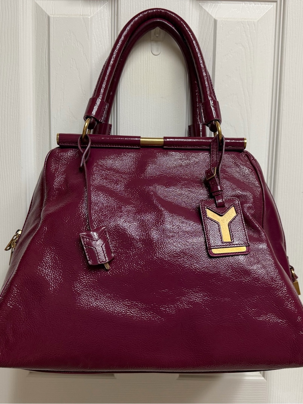 Yves Saint Laurent Glossy Plum Patent Satchel with Gold Accent